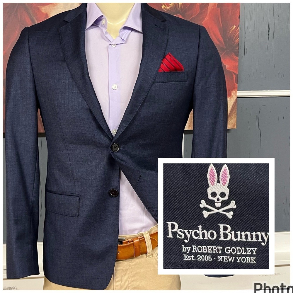 Psycho Bunny Suit Top Blazer Mens 38S Short Slim Fit Wool Stretch Navy/Black